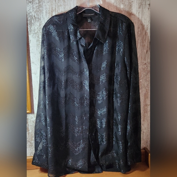Lane Bryant Tops - Lane Bryant Black Metallic Chevron Button-Up Sheer Blouse 18/20